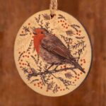 Wooden Christmas tree decoration with robin design by Cherith Harrison