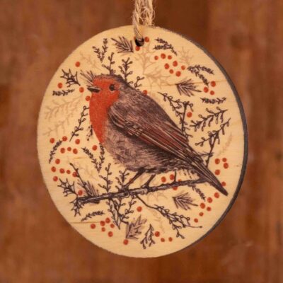 Wooden Christmas tree decoration with robin design by Cherith Harrison