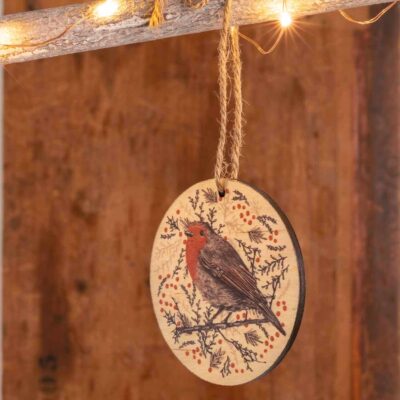 Wooden Christmas tree decoration with robin design by Cherith Harrison
