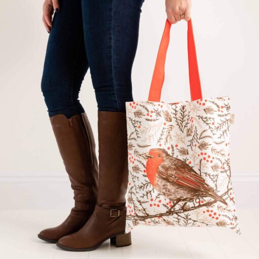 Christmas canvas shopper tote bag with robin design by Cherith Harrison