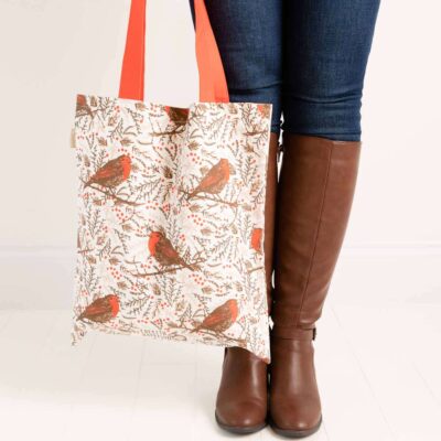Christmas canvas shopper tote bag with robin design by Cherith Harrison