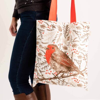 Christmas canvas shopper tote bag with robin design by Cherith Harrison