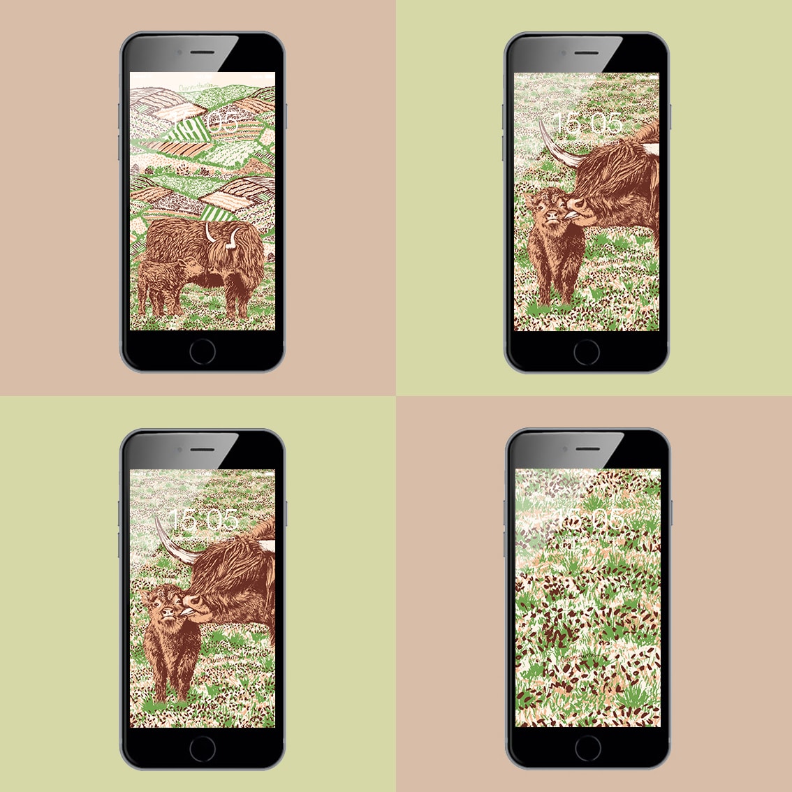 Digital wallpaper and phone background in highland cow design by Cherith Harrison