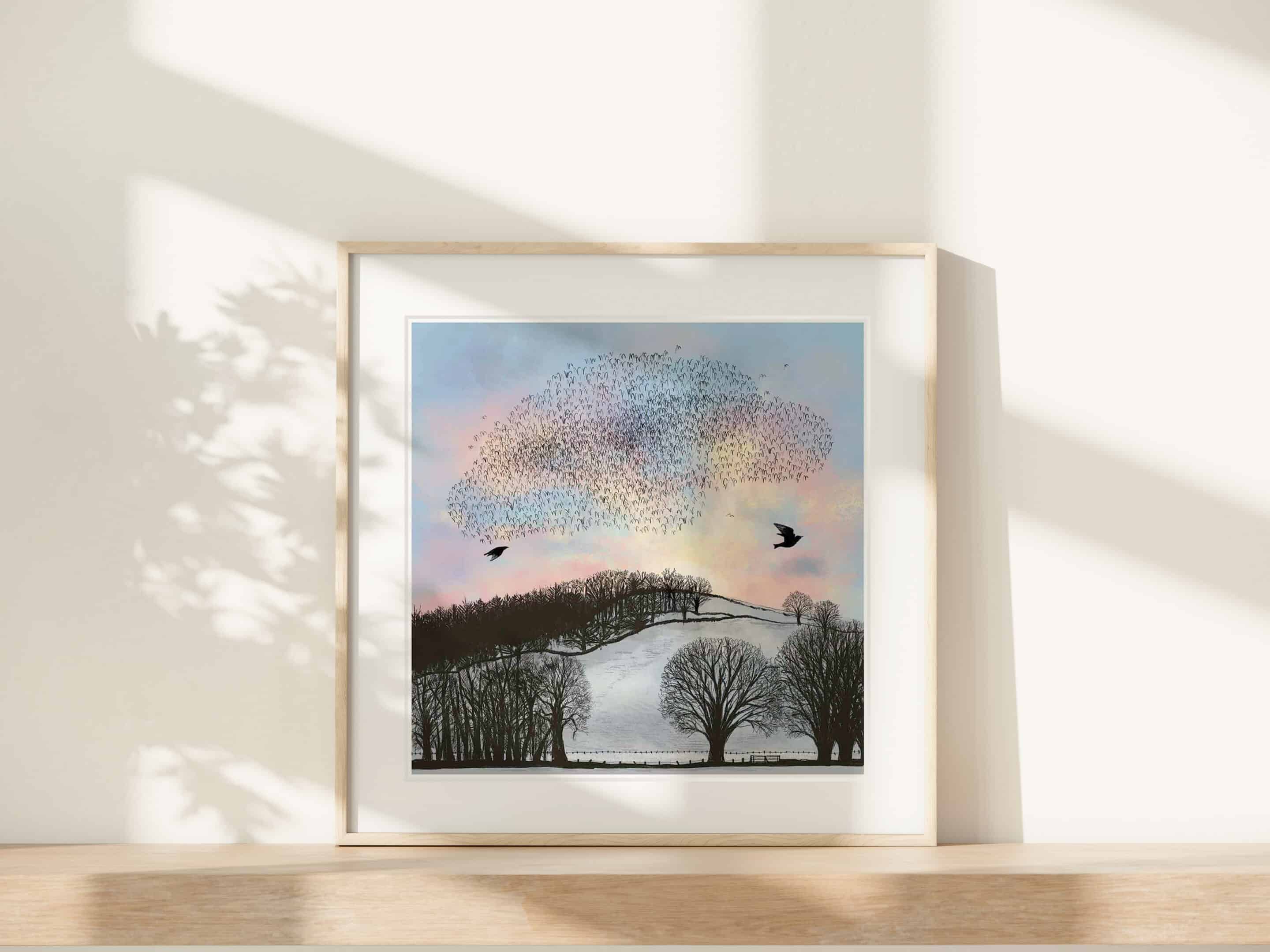 Framed Starling Murmuration at Sunrise Print by Cherith Harrison