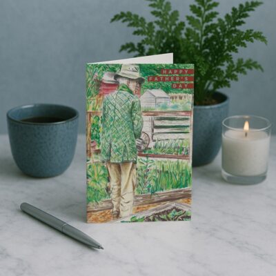 Allotment Shed Greetings Card by Cherith Harrison on Marble Table