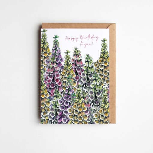 Happy Birthday Foxgloves Greetings Card by Cherith Harrison