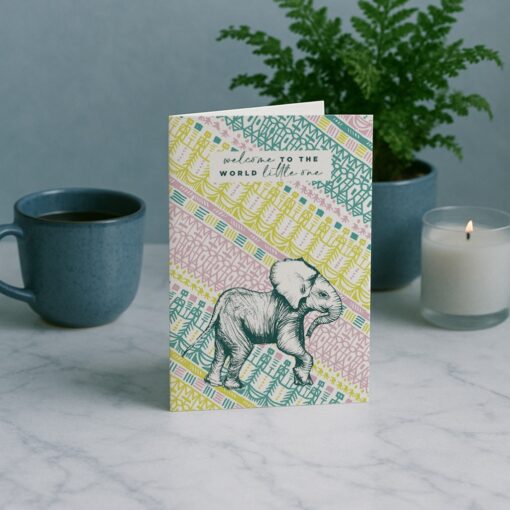 New Baby Elephant Greetings Card by Cherith Harrison on Marble Table New Baby Elephant Greetings Card by Cherith Harrison on Marble Table