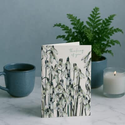 Thinking of You Snowdrops Greetings Card by Cherith Harrison on Marble Table