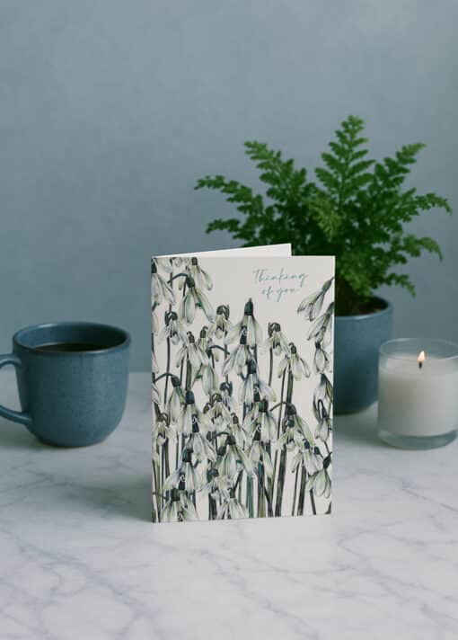 Thinking of You Snowdrops Greetings Card by Cherith Harrison on Marble Table
