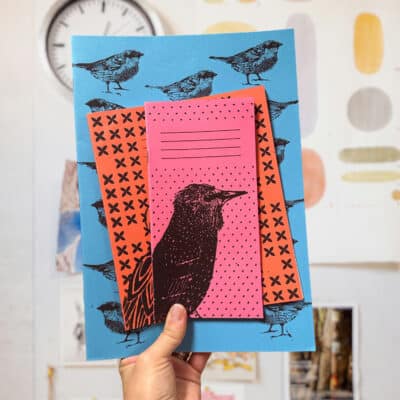 Screen Printed Bird Jotters Blue Pink Orange