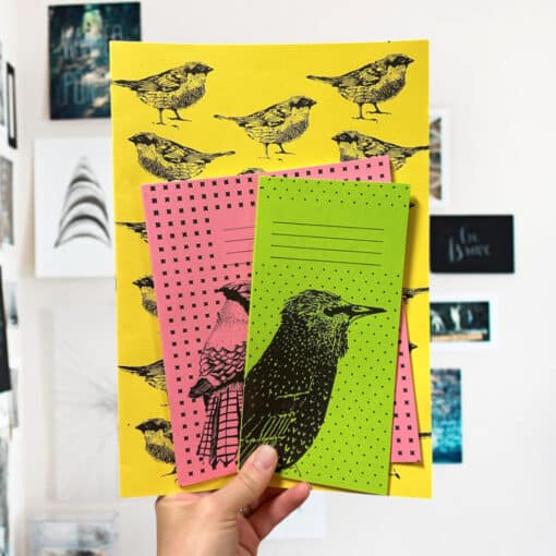 Screen Printed Bird Jotters Yellow Pink Green Screen Printed Bird Jotters Yellow Pink Green