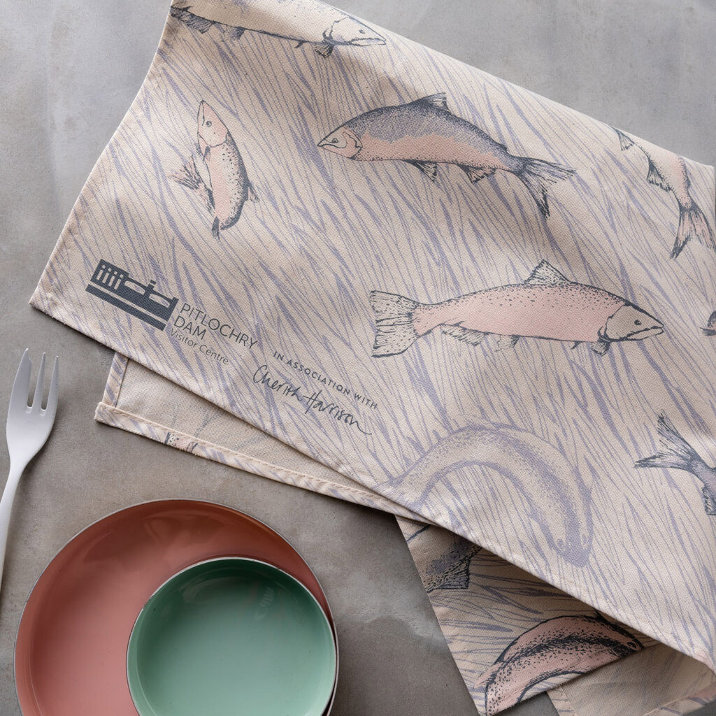 Cherith Harrison Pitlochry Dam Salmon Tea Towel