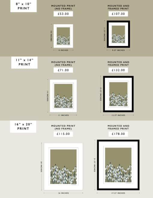 Cherith Harrison Website Mount and Frame Size Pricing Snowdrops