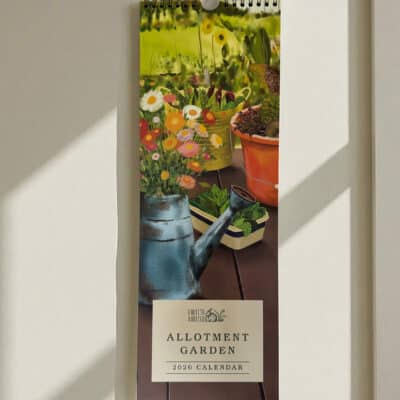 2026 allotment garden calendar with hand-illustrated allotment scenes, slimline gold-wire bound wall calendar
