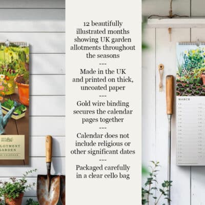 2026 allotment garden calendar with hand-illustrated allotment scenes, slimline gold-wire bound wall calendar