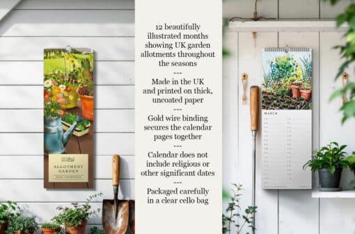 2026 allotment garden calendar with hand-illustrated allotment scenes, slimline gold-wire bound wall calendar