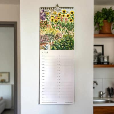 2026 allotment garden calendar with hand-illustrated allotment scenes, slimline gold-wire bound wall calendar