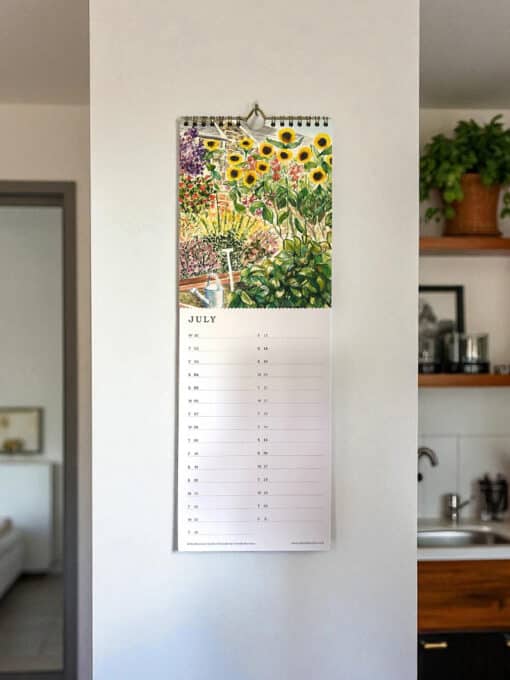 2026 allotment garden calendar with hand-illustrated allotment scenes, slimline gold-wire bound wall calendar