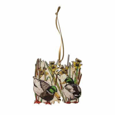 Mallard Ducks Wooden Tree Decorations with Gold Ribbon