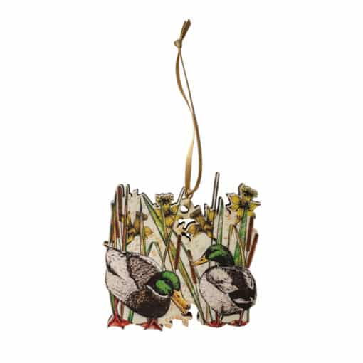 Mallard Ducks Wooden Tree Decorations with Gold Ribbon