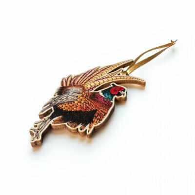 Pheasant Wooden Tree Decorations with Gold Ribbon Side Angle