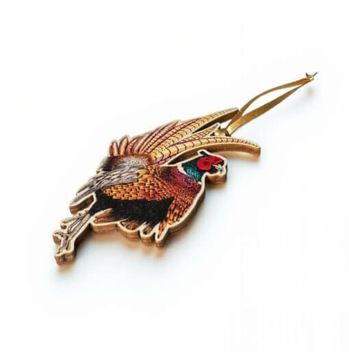 Pheasant Wooden Tree Decorations with Gold Ribbon Side Angle