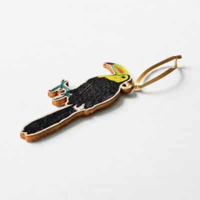 Toucan Wooden Tree Decorations with Gold Ribbon Side Angle