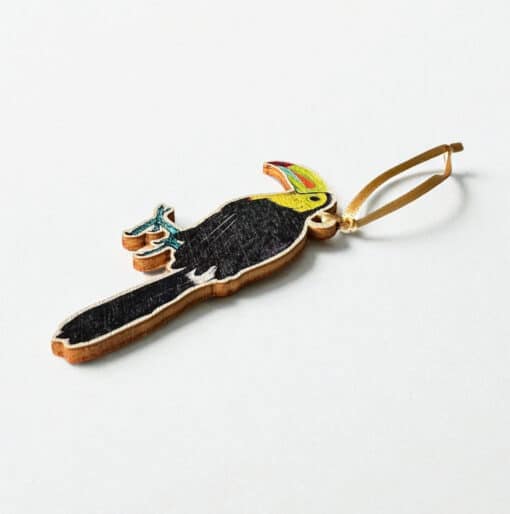 Toucan Wooden Tree Decorations with Gold Ribbon Side Angle