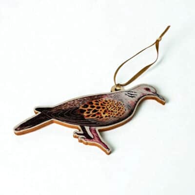 Turtle Dove Wooden Tree Decorations with Gold Ribbon Side Angle