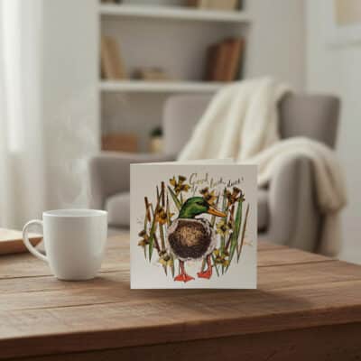 Good Luck Duck Card on Wooden Table Square