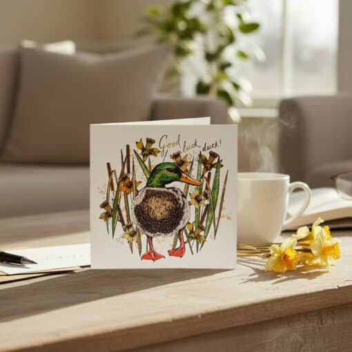 Good Luck Duck Card on Wooden Table with Pen square Good Luck Duck Card on Wooden Table with Pen square