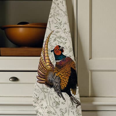 Pheasant Tea Towel Hanging on Cupboard