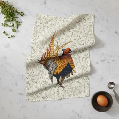 Pheasant Tea Towel on Country Kitchen Worktop