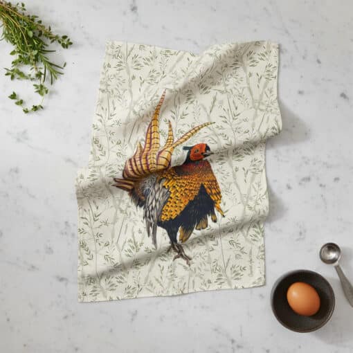 Pheasant Tea Towel on Country Kitchen Worktop