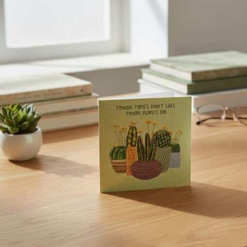 Tough Times Card on Sunlit Desk Square