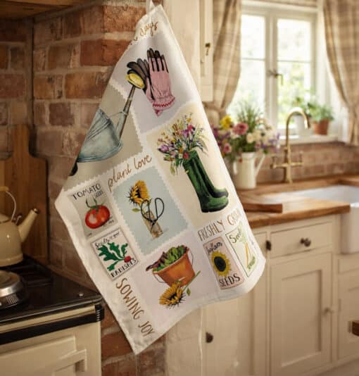 Garden Days Spring Gardening Tea Towel in Kitchen