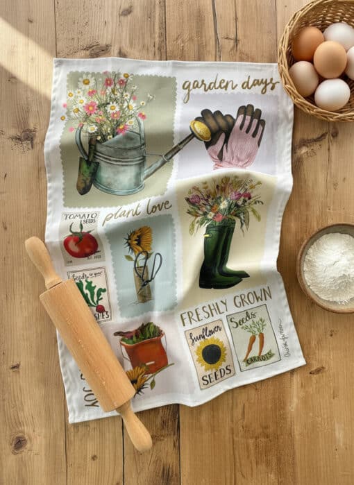 Garden Days Spring Gardening Tea Towel on Kitchen Table Garden Days Spring Gardening Tea Towel on Kitchen Table