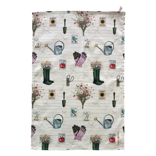 Spring Gardening Repeat Pattern Tea Towel Flatlay