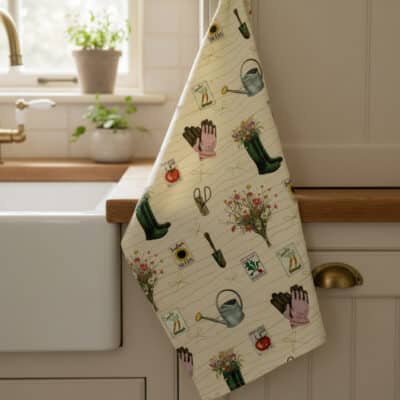 Spring Gardening Repeat Pattern Tea Towel Hanging