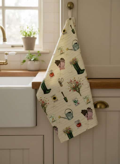 Spring Gardening Repeat Pattern Tea Towel Hanging Spring Gardening Repeat Pattern Tea Towel Hanging