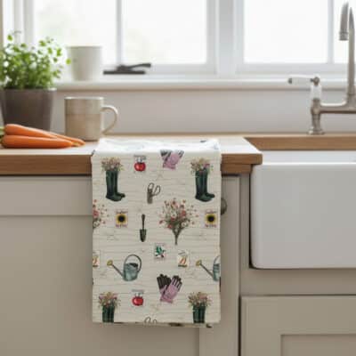 Spring Gardening Repeat Pattern Tea Towel on Worktop