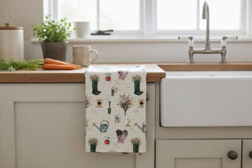 Spring Gardening Repeat Pattern Tea Towel on Worktop